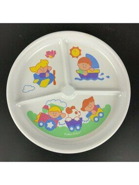 Fisher Price Childrens Divided Plate White Melamine 1990 Train Boat Plane USA